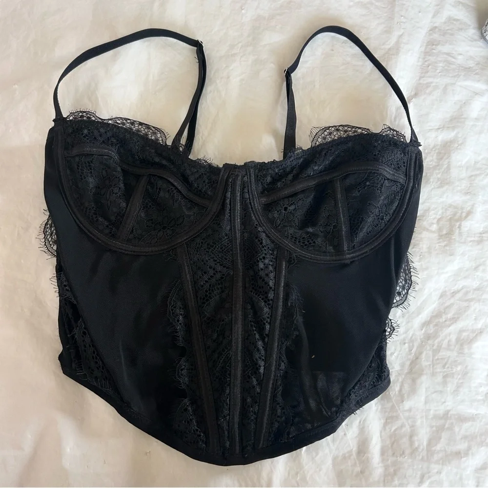 Ryan Destiny Whimsigoth Corset Top Black Size L Eyelash Lace Trim Mesh